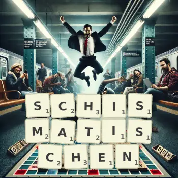 Kreative Illustration für ein Scrabble-Spiel, bei dem das Wort SCHISMATISCHEN mit Steinen auf dem Brett gelegt wurde.