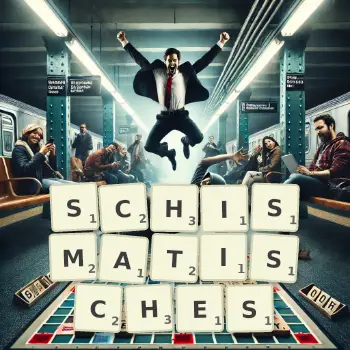 Kreative Illustration für ein Scrabble-Spiel, bei dem das Wort SCHISMATISCHES mit Steinen auf dem Brett gelegt wurde.