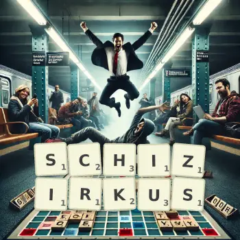 Kreative Illustration für ein Scrabble-Spiel, bei dem das Wort SCHIZIRKUS mit Steinen auf dem Brett gelegt wurde.