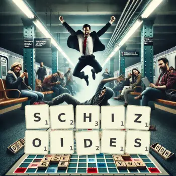 Kreative Illustration für ein Scrabble-Spiel, bei dem das Wort SCHIZOIDES mit Steinen auf dem Brett gelegt wurde.