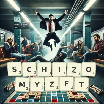 Kreative Illustration für ein Scrabble-Spiel, bei dem das Wort SCHIZOMYZET mit Steinen auf dem Brett gelegt wurde.