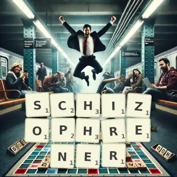 Kreative Illustration für ein Scrabble-Spiel, bei dem das Wort SCHIZOPHRENER mit Steinen auf dem Brett gelegt wurde.