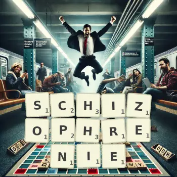 Kreative Illustration für ein Scrabble-Spiel, bei dem das Wort SCHIZOPHRENIE mit Steinen auf dem Brett gelegt wurde.
