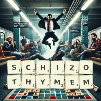 Kreative Illustration für ein Scrabble-Spiel, bei dem das Wort SCHIZOTHYMEM mit Steinen auf dem Brett gelegt wurde.
