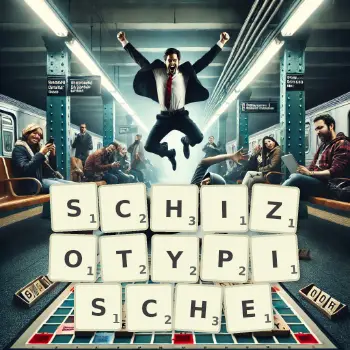 Kreative Illustration für ein Scrabble-Spiel, bei dem das Wort SCHIZOTYPISCHE mit Steinen auf dem Brett gelegt wurde.