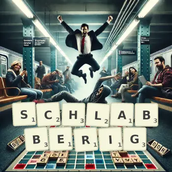 Kreative Illustration für ein Scrabble-Spiel, bei dem das Wort SCHLABBERIG mit Steinen auf dem Brett gelegt wurde.