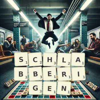 Kreative Illustration für ein Scrabble-Spiel, bei dem das Wort SCHLABBERIGEN mit Steinen auf dem Brett gelegt wurde.