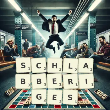 Kreative Illustration für ein Scrabble-Spiel, bei dem das Wort SCHLABBERIGES mit Steinen auf dem Brett gelegt wurde.