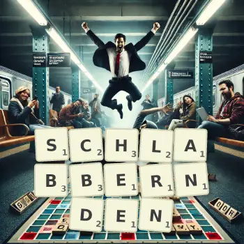 Kreative Illustration für ein Scrabble-Spiel, bei dem das Wort SCHLABBERNDEN mit Steinen auf dem Brett gelegt wurde.