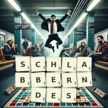 Kreative Illustration für ein Scrabble-Spiel, bei dem das Wort SCHLABBERNDES mit Steinen auf dem Brett gelegt wurde.