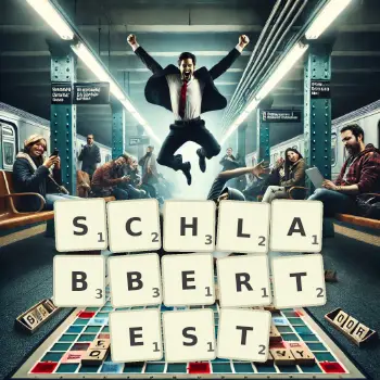 Kreative Illustration für ein Scrabble-Spiel, bei dem das Wort SCHLABBERTEST mit Steinen auf dem Brett gelegt wurde.