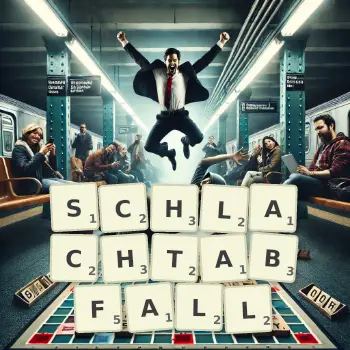 Kreative Illustration für ein Scrabble-Spiel, bei dem das Wort SCHLACHTABFALL mit Steinen auf dem Brett gelegt wurde.