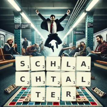 Kreative Illustration für ein Scrabble-Spiel, bei dem das Wort SCHLACHTALTER mit Steinen auf dem Brett gelegt wurde.