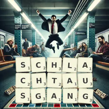 Kreative Illustration für ein Scrabble-Spiel, bei dem das Wort SCHLACHTAUSGANG mit Steinen auf dem Brett gelegt wurde.