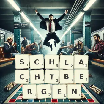 Kreative Illustration für ein Scrabble-Spiel, bei dem das Wort SCHLACHTBERGEN mit Steinen auf dem Brett gelegt wurde.