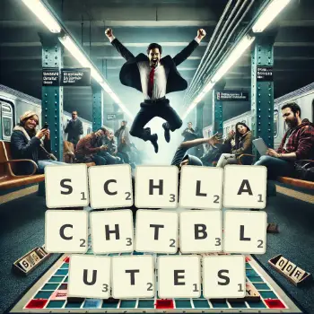 Kreative Illustration für ein Scrabble-Spiel, bei dem das Wort SCHLACHTBLUTES mit Steinen auf dem Brett gelegt wurde.
