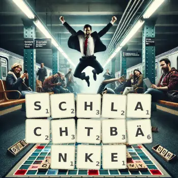 Kreative Illustration für ein Scrabble-Spiel, bei dem das Wort SCHLACHTBÄNKE mit Steinen auf dem Brett gelegt wurde.