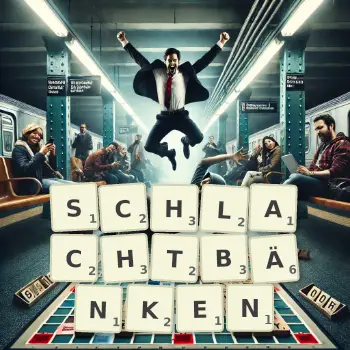 Kreative Illustration für ein Scrabble-Spiel, bei dem das Wort SCHLACHTBÄNKEN mit Steinen auf dem Brett gelegt wurde.