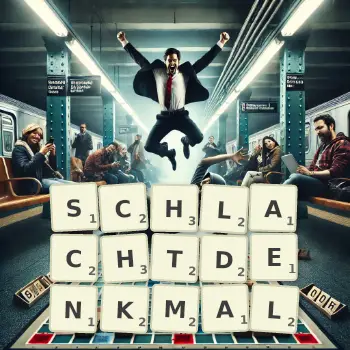 Kreative Illustration für ein Scrabble-Spiel, bei dem das Wort SCHLACHTDENKMAL mit Steinen auf dem Brett gelegt wurde.