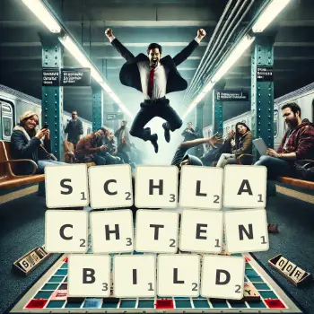 Kreative Illustration für ein Scrabble-Spiel, bei dem das Wort SCHLACHTENBILD mit Steinen auf dem Brett gelegt wurde.