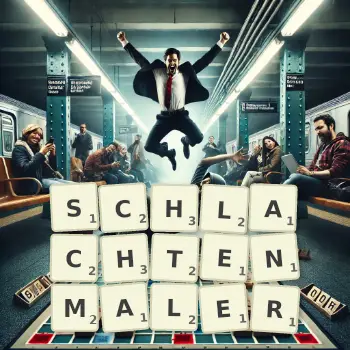 Kreative Illustration für ein Scrabble-Spiel, bei dem das Wort SCHLACHTENMALER mit Steinen auf dem Brett gelegt wurde.