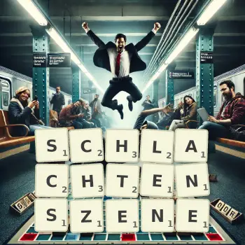 Kreative Illustration für ein Scrabble-Spiel, bei dem das Wort SCHLACHTENSZENE mit Steinen auf dem Brett gelegt wurde.