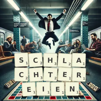 Kreative Illustration für ein Scrabble-Spiel, bei dem das Wort SCHLACHTEREIEN mit Steinen auf dem Brett gelegt wurde.