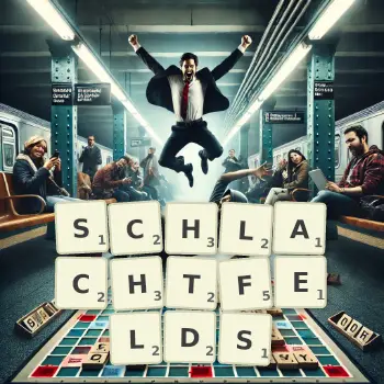 Kreative Illustration für ein Scrabble-Spiel, bei dem das Wort SCHLACHTFELDS mit Steinen auf dem Brett gelegt wurde.