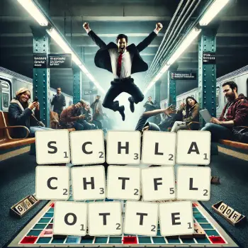 Kreative Illustration für ein Scrabble-Spiel, bei dem das Wort SCHLACHTFLOTTE mit Steinen auf dem Brett gelegt wurde.