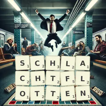 Kreative Illustration für ein Scrabble-Spiel, bei dem das Wort SCHLACHTFLOTTEN mit Steinen auf dem Brett gelegt wurde.