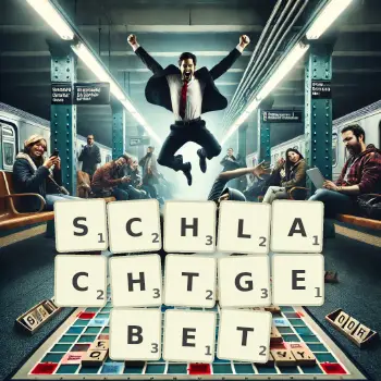 Kreative Illustration für ein Scrabble-Spiel, bei dem das Wort SCHLACHTGEBET mit Steinen auf dem Brett gelegt wurde.