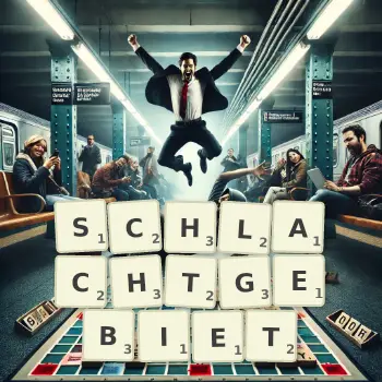 Kreative Illustration für ein Scrabble-Spiel, bei dem das Wort SCHLACHTGEBIET mit Steinen auf dem Brett gelegt wurde.