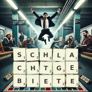 Kreative Illustration für ein Scrabble-Spiel, bei dem das Wort SCHLACHTGEBIETE mit Steinen auf dem Brett gelegt wurde.