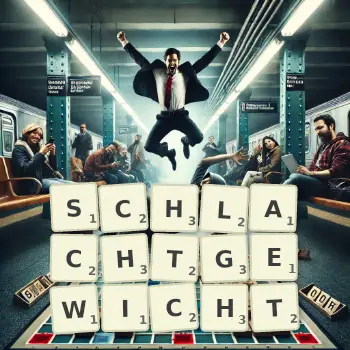 Kreative Illustration für ein Scrabble-Spiel, bei dem das Wort SCHLACHTGEWICHT mit Steinen auf dem Brett gelegt wurde.
