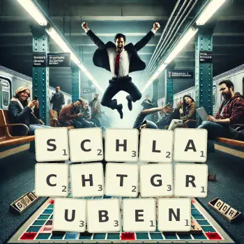 Kreative Illustration für ein Scrabble-Spiel, bei dem das Wort SCHLACHTGRUBEN mit Steinen auf dem Brett gelegt wurde.