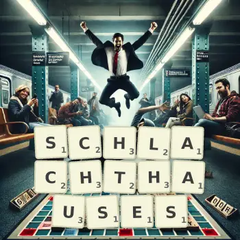 Kreative Illustration für ein Scrabble-Spiel, bei dem das Wort SCHLACHTHAUSES mit Steinen auf dem Brett gelegt wurde.