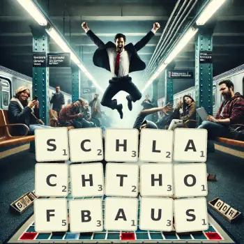 Kreative Illustration für ein Scrabble-Spiel, bei dem das Wort SCHLACHTHOFBAUS mit Steinen auf dem Brett gelegt wurde.