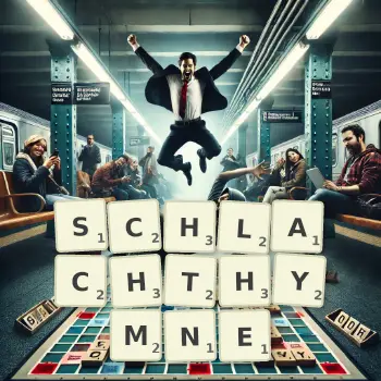 Kreative Illustration für ein Scrabble-Spiel, bei dem das Wort SCHLACHTHYMNE mit Steinen auf dem Brett gelegt wurde.