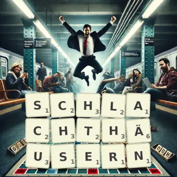 Kreative Illustration für ein Scrabble-Spiel, bei dem das Wort SCHLACHTHÄUSERN mit Steinen auf dem Brett gelegt wurde.