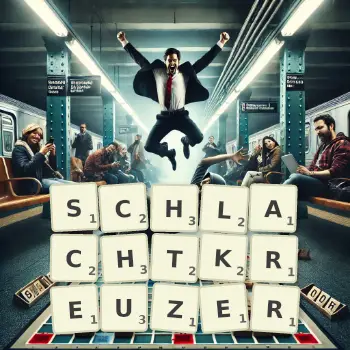 Kreative Illustration für ein Scrabble-Spiel, bei dem das Wort SCHLACHTKREUZER mit Steinen auf dem Brett gelegt wurde.