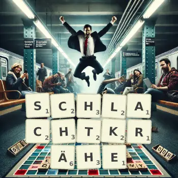 Kreative Illustration für ein Scrabble-Spiel, bei dem das Wort SCHLACHTKRÄHE mit Steinen auf dem Brett gelegt wurde.