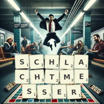 Kreative Illustration für ein Scrabble-Spiel, bei dem das Wort SCHLACHTMESSER mit Steinen auf dem Brett gelegt wurde.