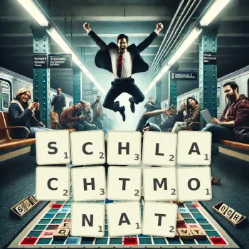 Kreative Illustration für ein Scrabble-Spiel, bei dem das Wort SCHLACHTMONAT mit Steinen auf dem Brett gelegt wurde.