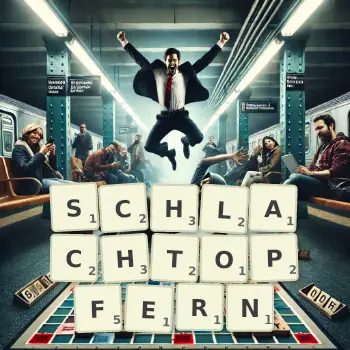 Kreative Illustration für ein Scrabble-Spiel, bei dem das Wort SCHLACHTOPFERN mit Steinen auf dem Brett gelegt wurde.
