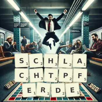Kreative Illustration für ein Scrabble-Spiel, bei dem das Wort SCHLACHTPFERDE mit Steinen auf dem Brett gelegt wurde.