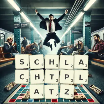 Kreative Illustration für ein Scrabble-Spiel, bei dem das Wort SCHLACHTPLATZ mit Steinen auf dem Brett gelegt wurde.