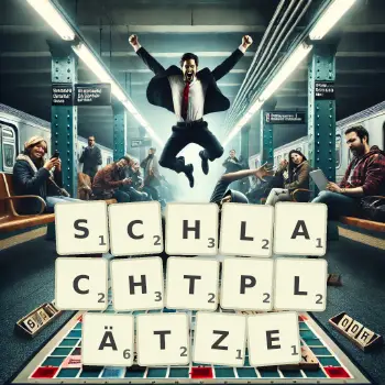 Kreative Illustration für ein Scrabble-Spiel, bei dem das Wort SCHLACHTPLÄTZE mit Steinen auf dem Brett gelegt wurde.