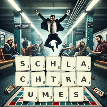 Kreative Illustration für ein Scrabble-Spiel, bei dem das Wort SCHLACHTRAUMES mit Steinen auf dem Brett gelegt wurde.
