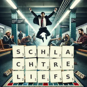 Kreative Illustration für ein Scrabble-Spiel, bei dem das Wort SCHLACHTRELIEFS mit Steinen auf dem Brett gelegt wurde.
