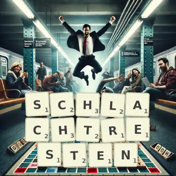 Kreative Illustration für ein Scrabble-Spiel, bei dem das Wort SCHLACHTRESTEN mit Steinen auf dem Brett gelegt wurde.
